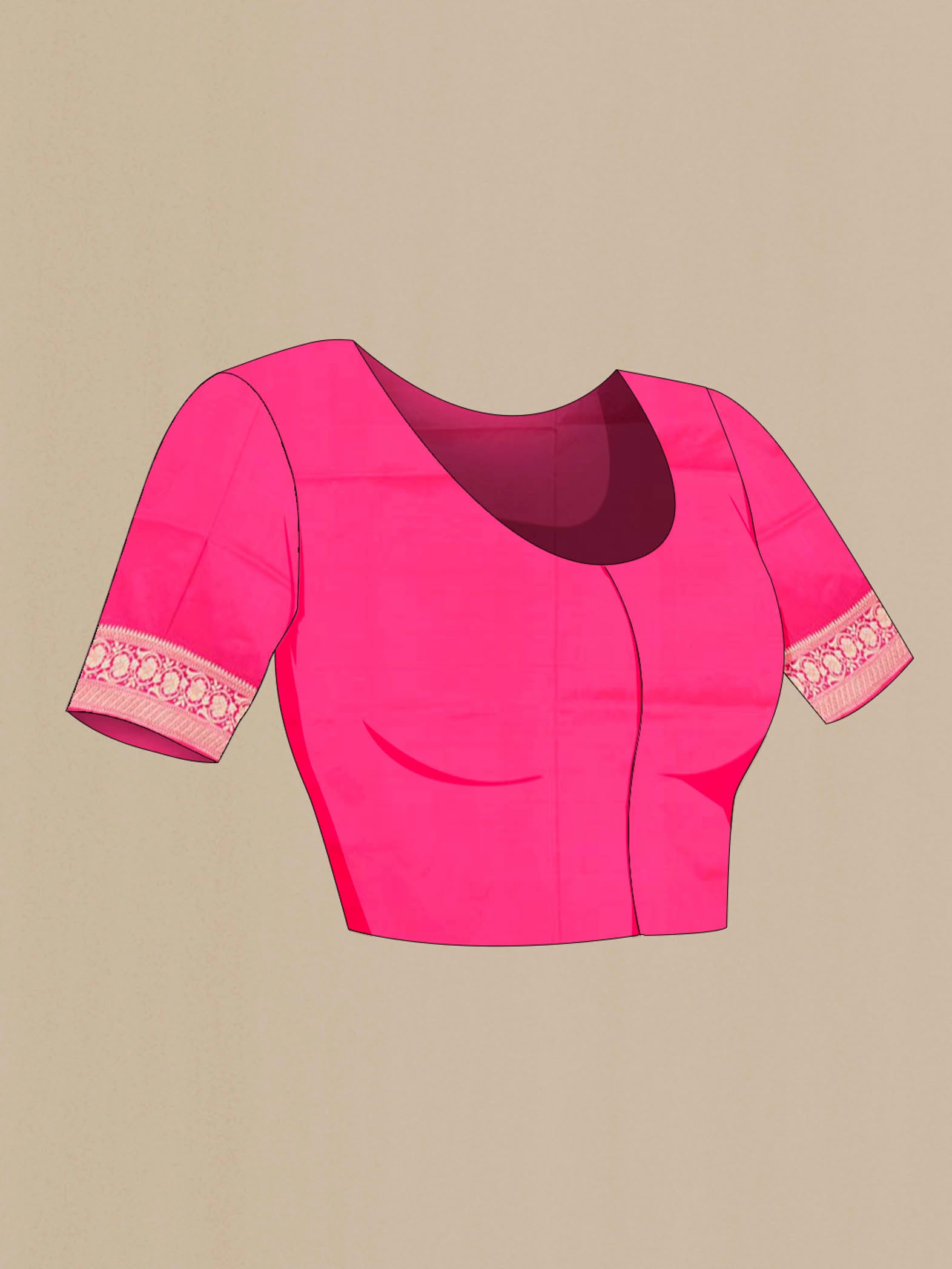 Close up image of the blouse of Dark Pink Banarasi Katan Silk Saree with Zari Butta on the body and Silk Border