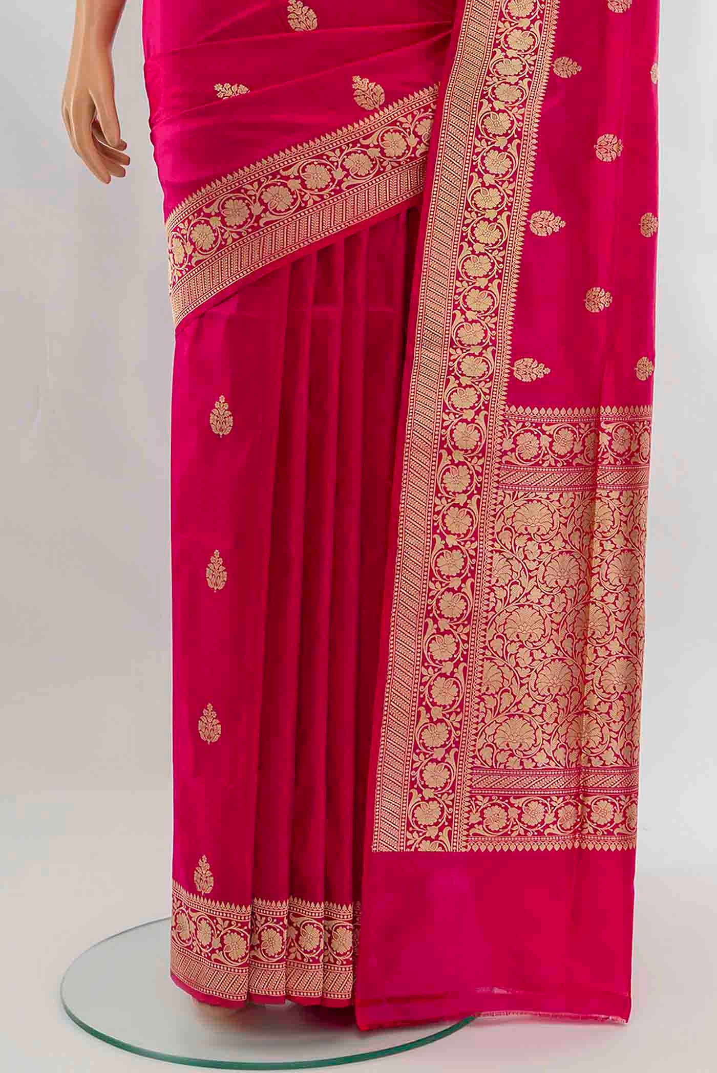 Pleats and pallu of Dark Pink Banarasi Katan Silk Saree with Zari Butta on the body and Silk Border
