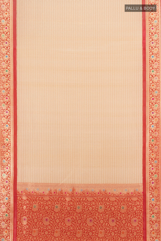Flat view of Beige Banarasi Kora Silk Saree with Zari Butta on the body and Silk Border. 