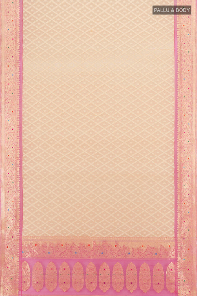 Flat view of Beige Banarasi Kora Silk Saree with Zari Butta on the body and Silk Border. 
