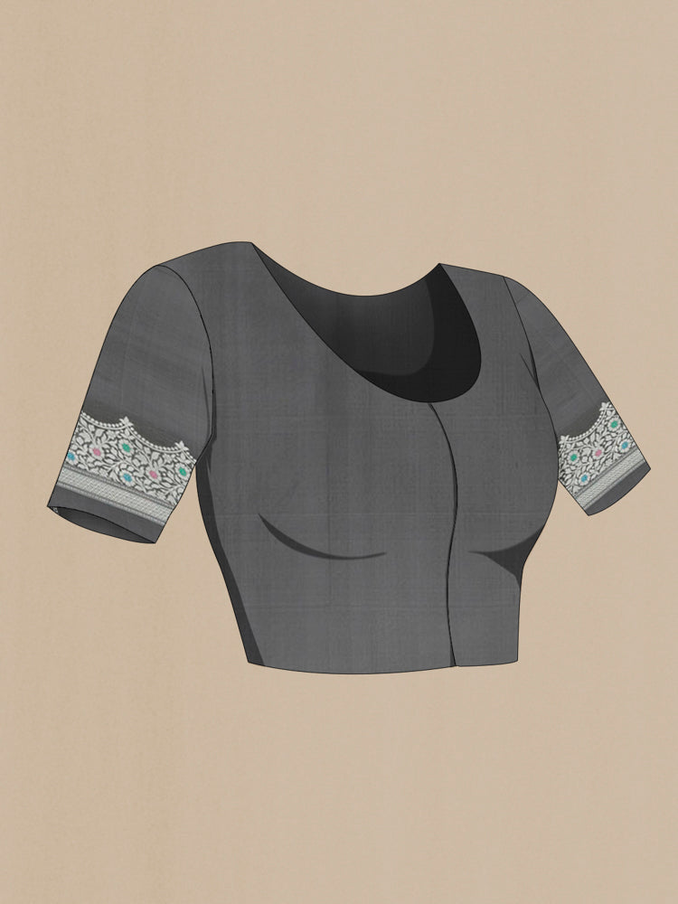 Close up image of the blouse of Black Banarasi Katan Silk Saree with Zari Butta on the body and Silk Border. 