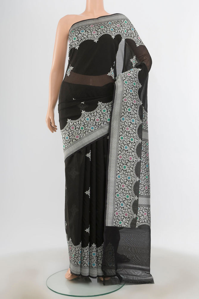 Black Banarasi Katan Silk Saree with Zari Butta on the body and Silk Border.  displayed on a mannequin