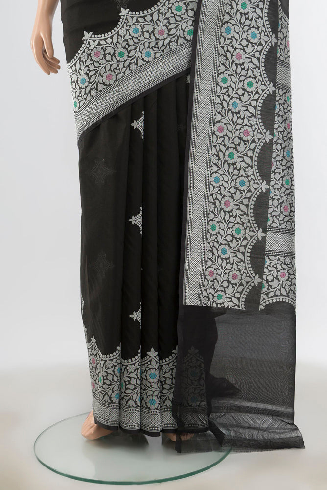 Pleats and pallu of Black Banarasi Katan Silk Saree with Zari Butta on the body and Silk Border. 