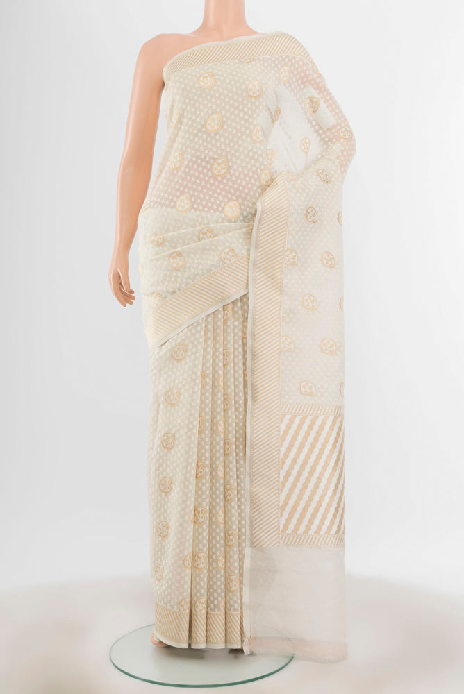 Cream Banarasi Kora Silk Saree with Plain Body and Silk Border.  displayed on a mannequin