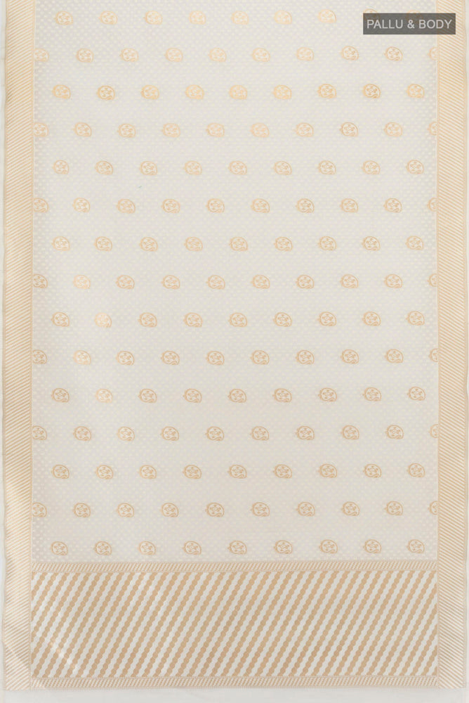 Flat view of Cream Banarasi Kora Silk Saree with Plain Body and Silk Border. 