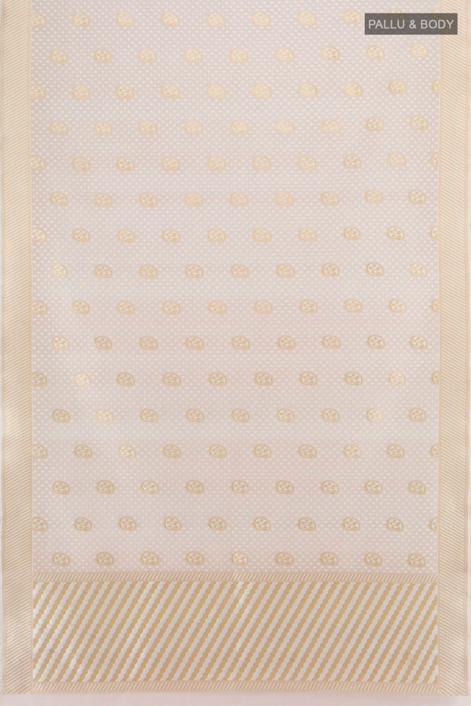 Flat view of Peach Banarasi Kota Silk Saree with Zari Butta on the body and Silk Border. 