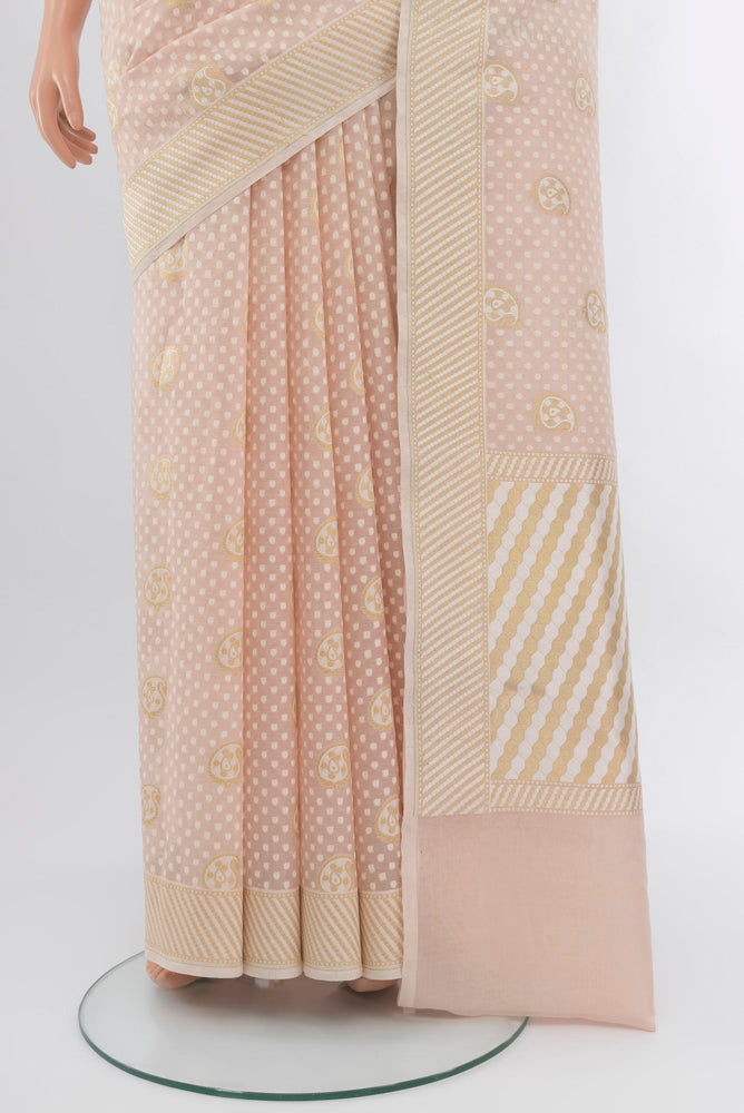 Pleats and pallu of Peach Banarasi Kota Silk Saree with Zari Butta on the body and Silk Border. 