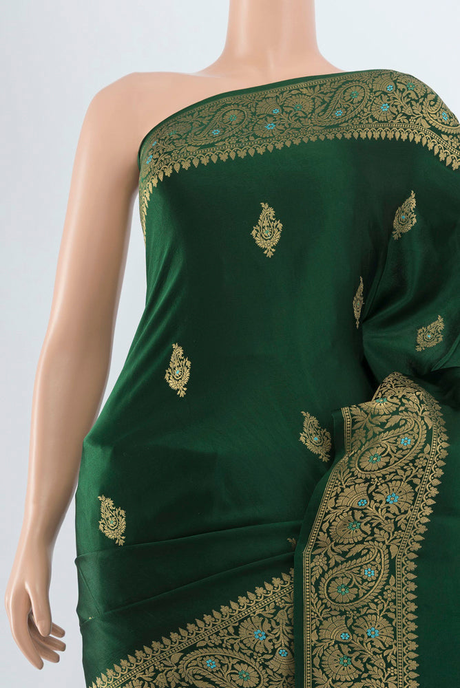 Border image of Pure Silk Pure Zari Bottle Green Banarasi Katan Saree with Zari Butta on the body and Silk Border. 