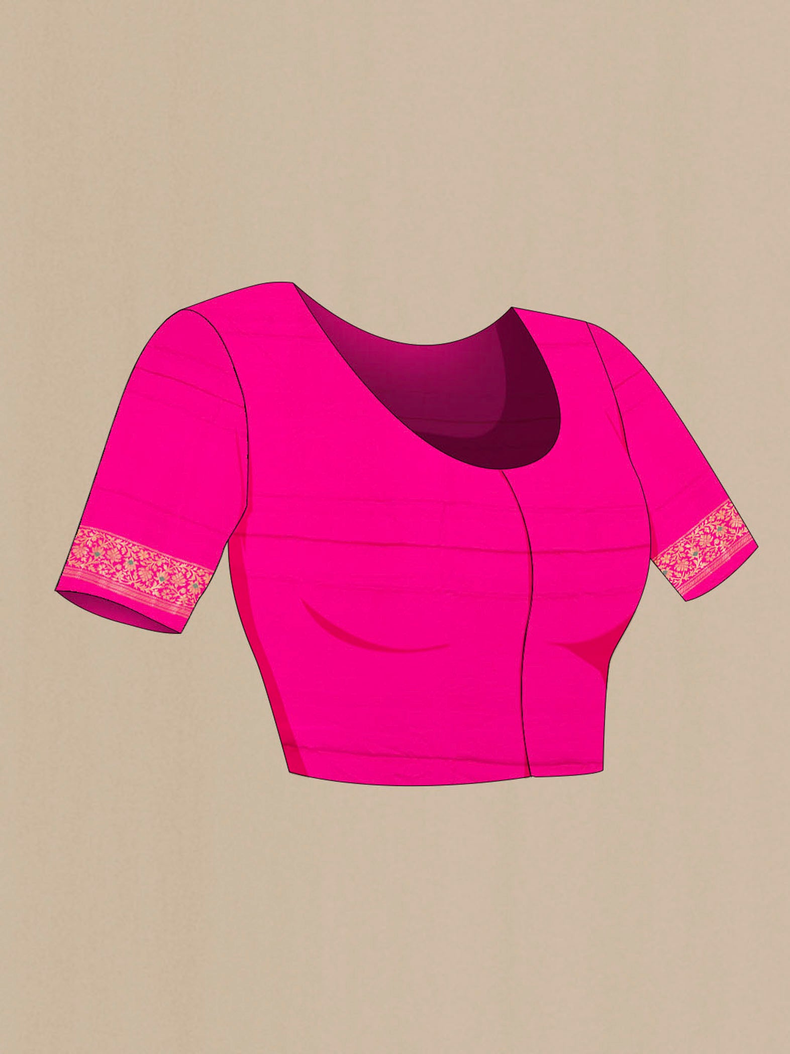 Close up image of the blouse of Magenta Banarasi Silk Saree with Zari Butta on the body and Zari Border. 