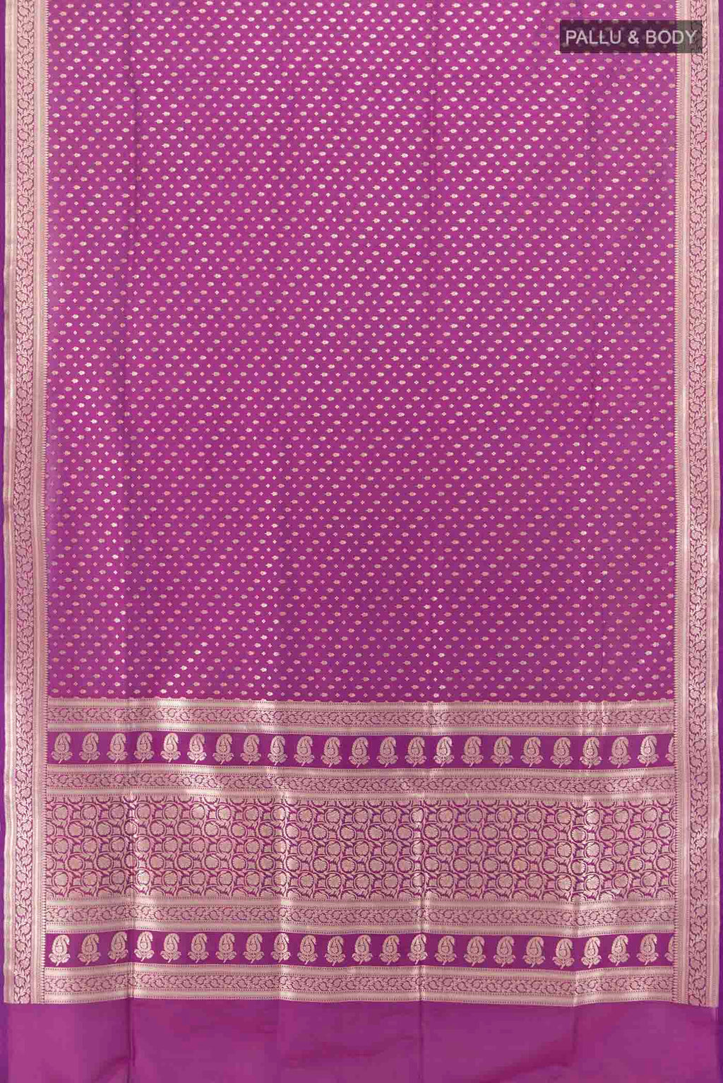 Flat view of Purple Banarasi Katan Silk Saree with Zari Butta on the body and Silk Border. 
