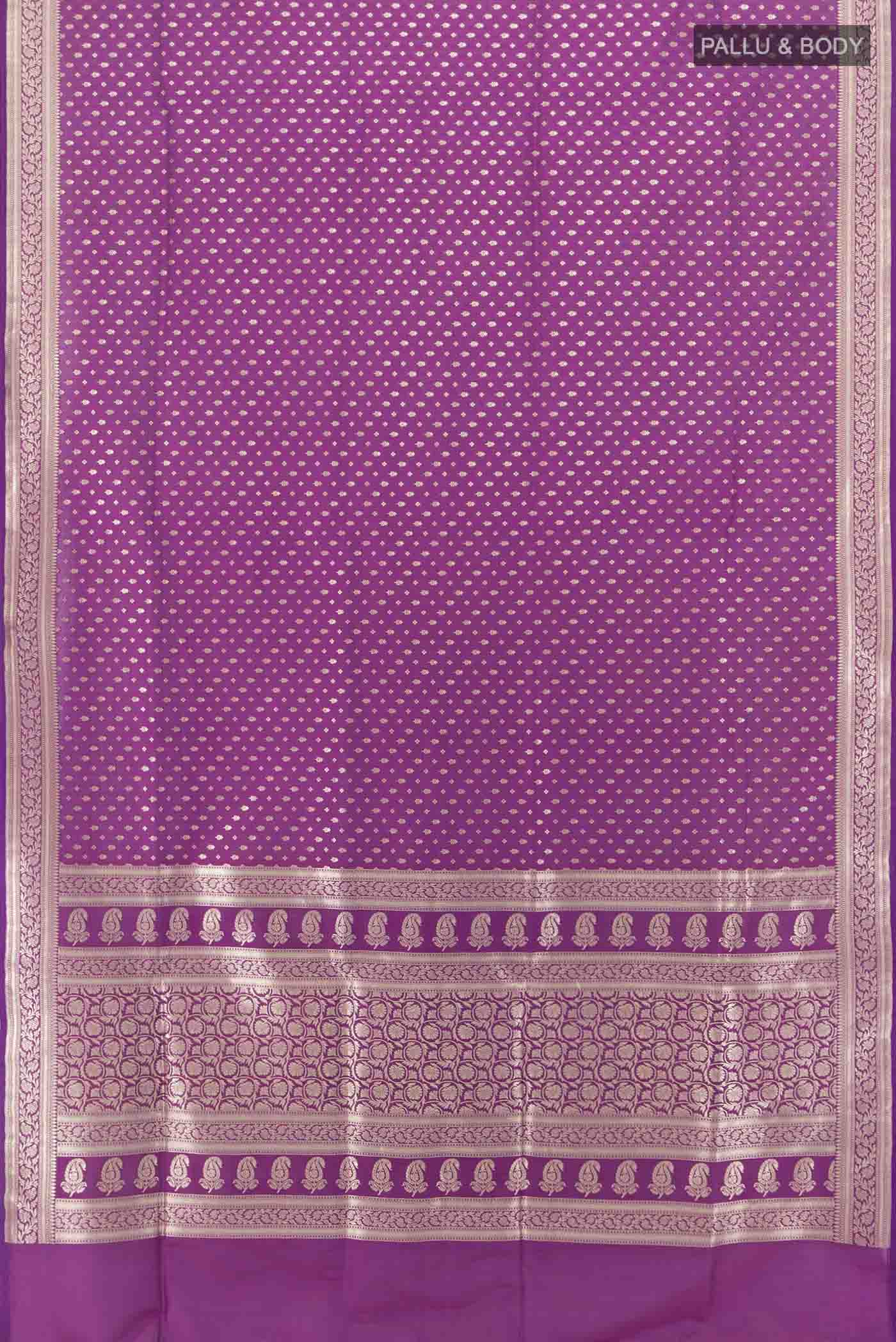 Flat view of Purple Banarasi Katan Silk Saree with Zari Butta on the body and Silk Border. 