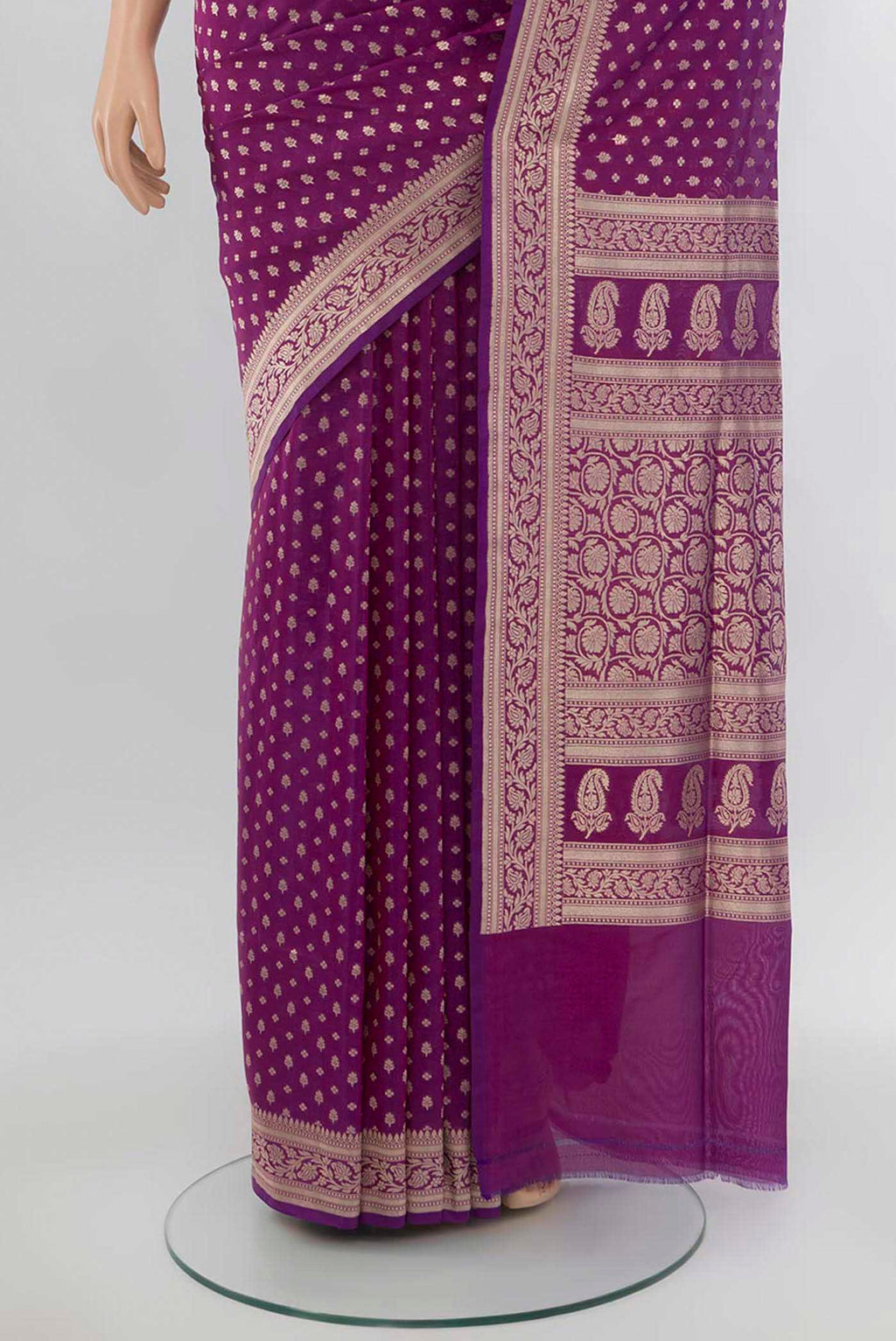 Pleats and pallu of Purple Banarasi Katan Silk Saree with Zari Butta on the body and Silk Border. 