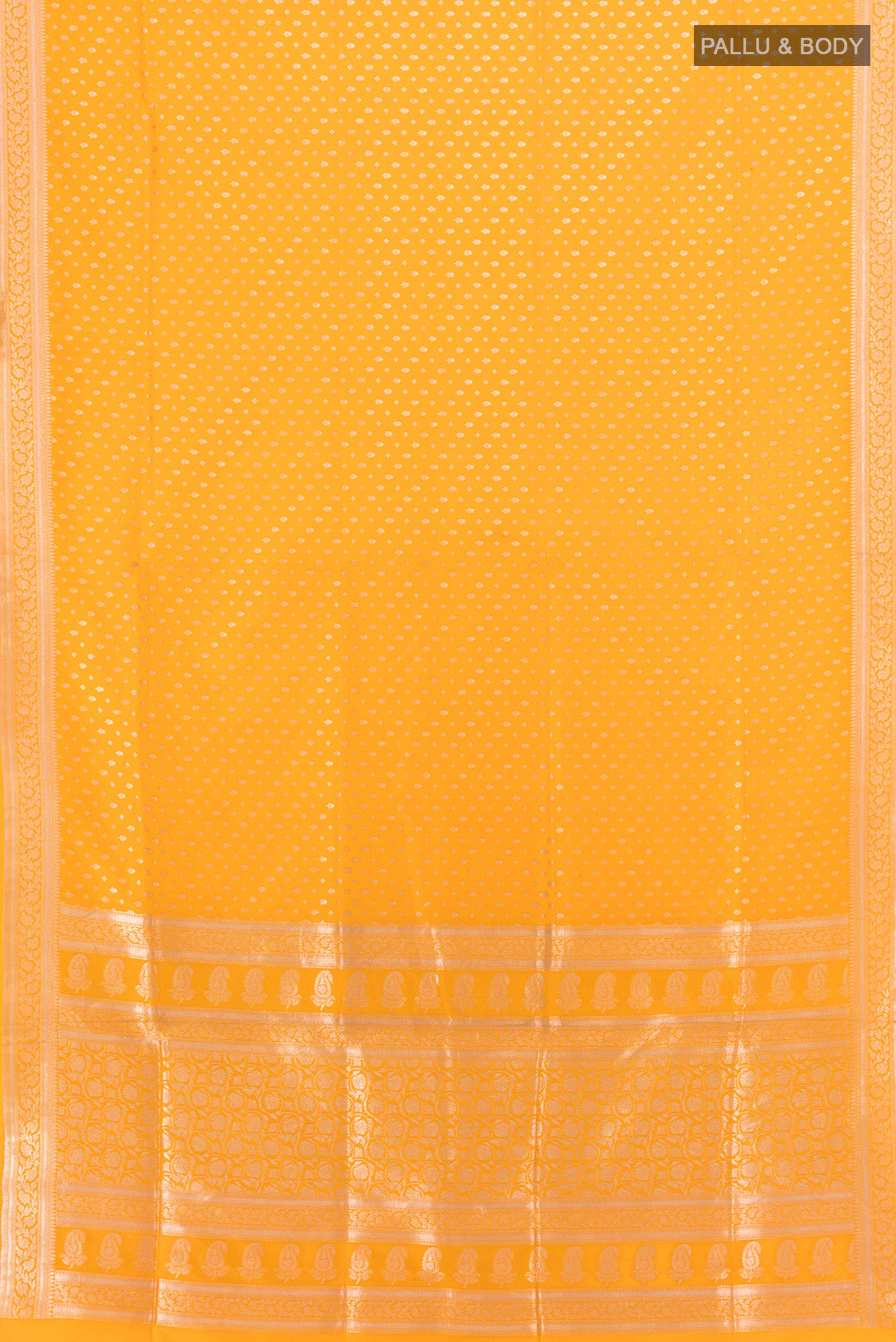 Flat view of Yellow Banarasi Silk Saree with Zari Butta on the body and Zari Border. 