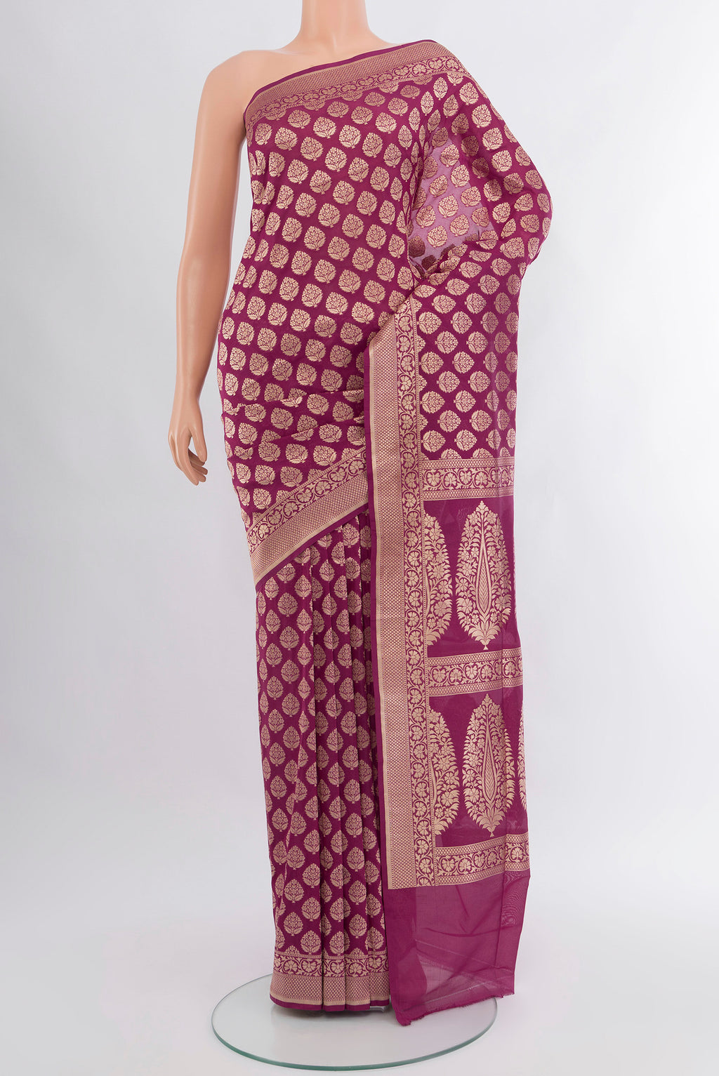 Purple Banarasi Silk Saree with Zari Brocade on the body and Zari Border.  displayed on a mannequin