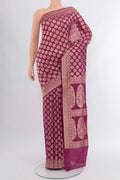 Purple Banarasi Silk Saree with Zari Brocade on the body and Zari Border.  displayed on a mannequin