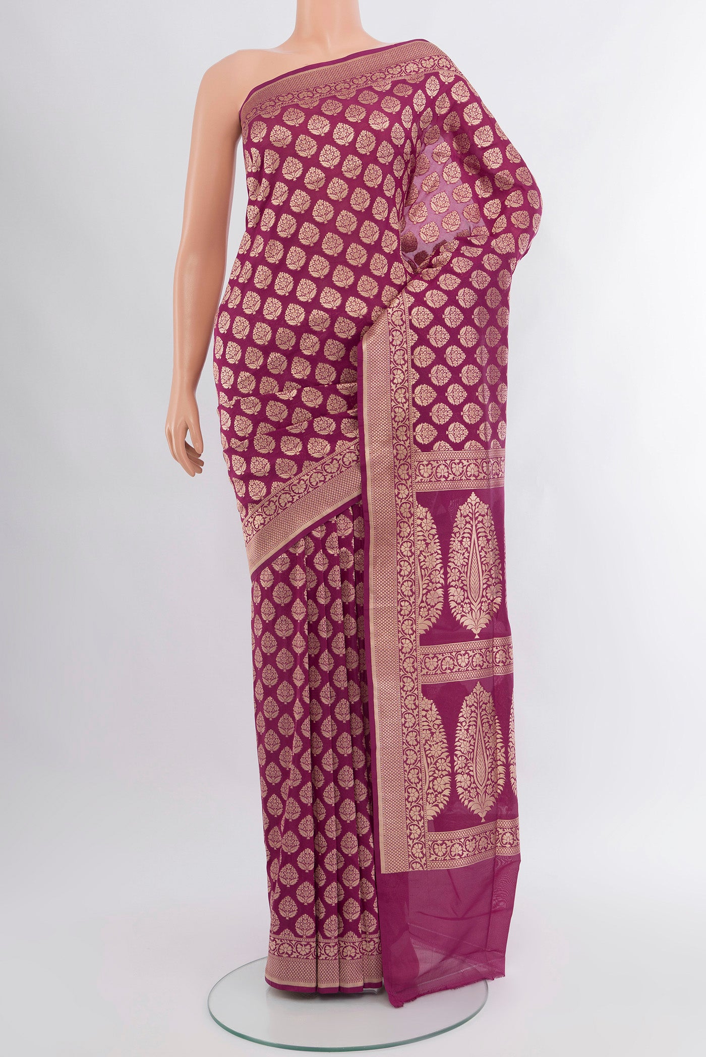 Purple Banarasi Silk Saree with Zari Brocade on the body and Zari Border.  displayed on a mannequin