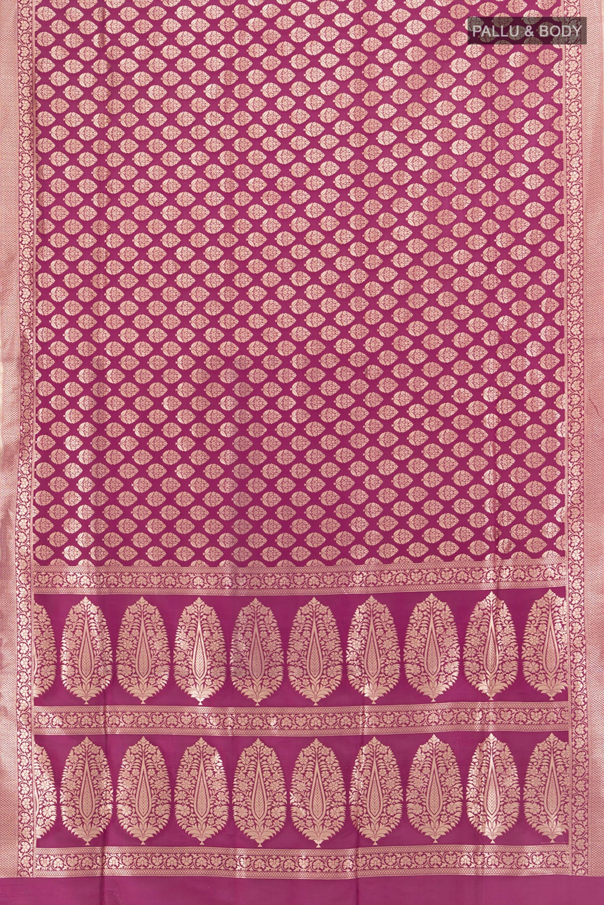 Flat view of Purple Banarasi Silk Saree with Zari Brocade on the body and Zari Border. 