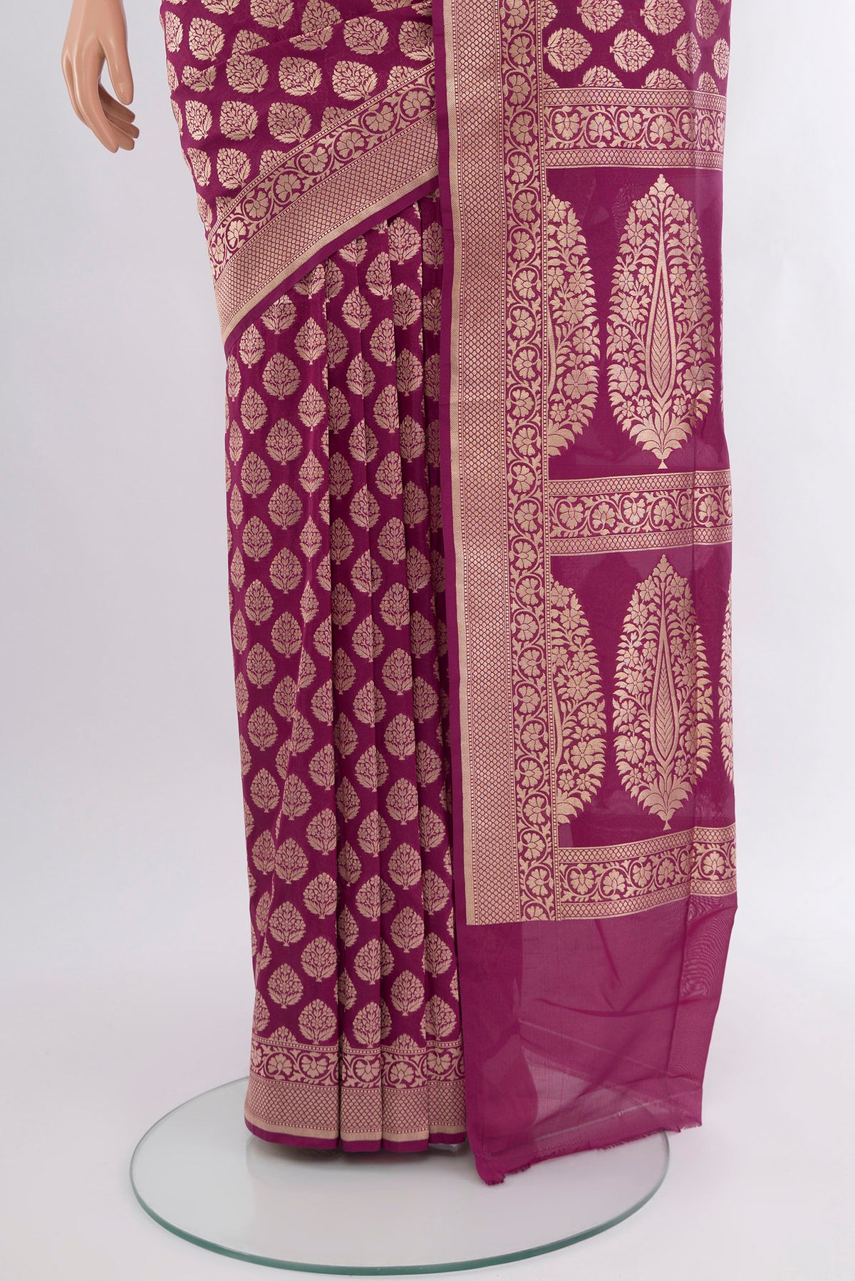 Pleats and pallu of Purple Banarasi Silk Saree with Zari Brocade on the body and Zari Border. 