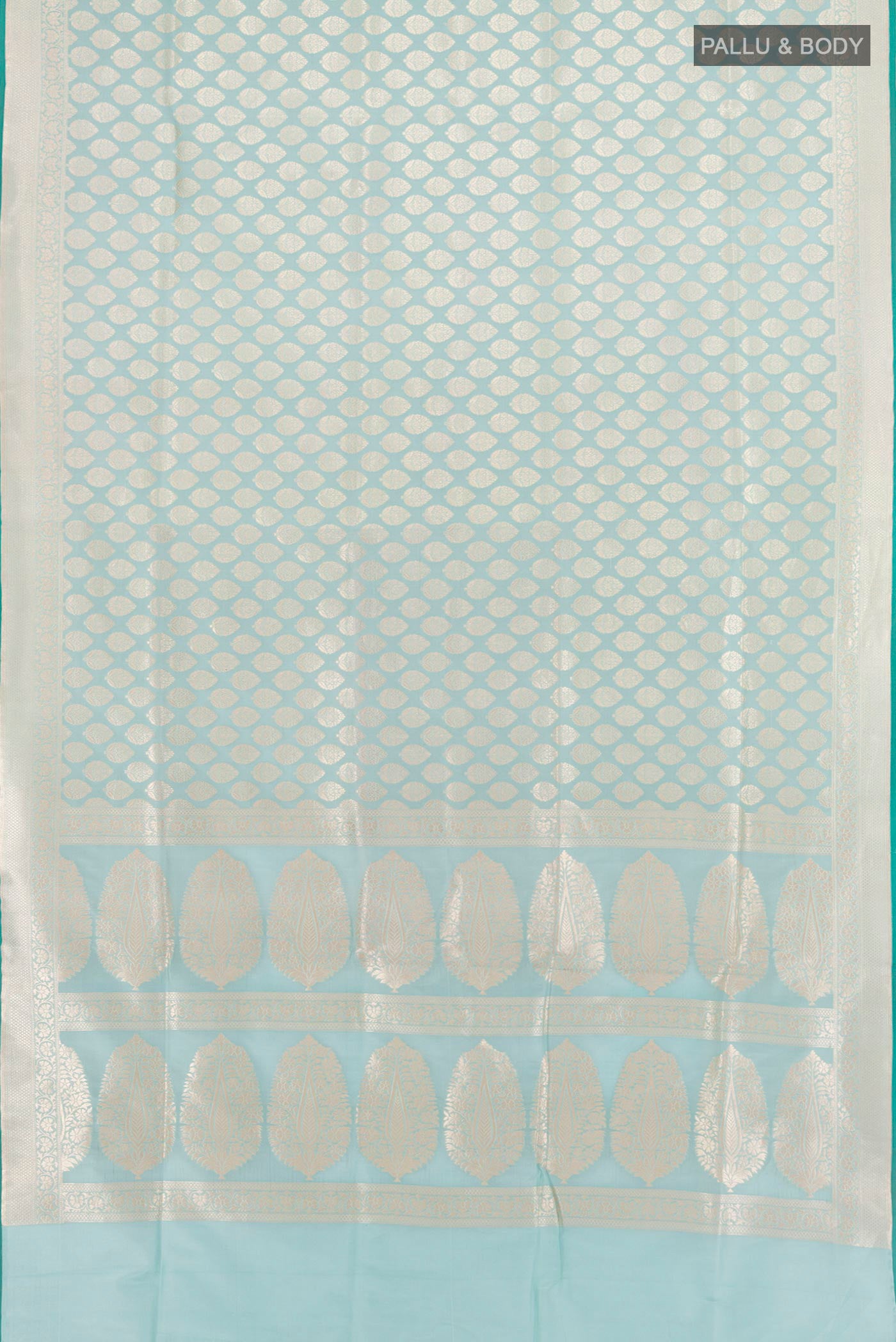 Flat view of Light Blue Banarasi Silk Saree with Zari Butta on the body and Zari Border. 