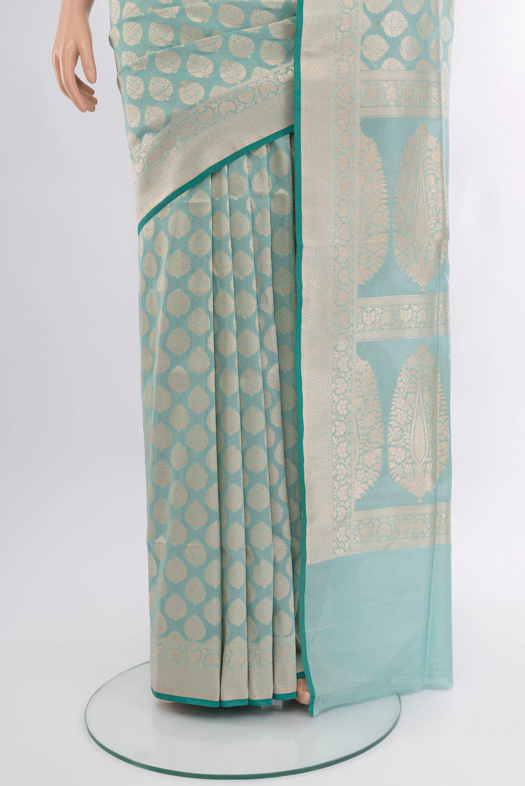 Pleats and pallu of Light Blue Banarasi Silk Saree with Zari Butta on the body and Zari Border. 