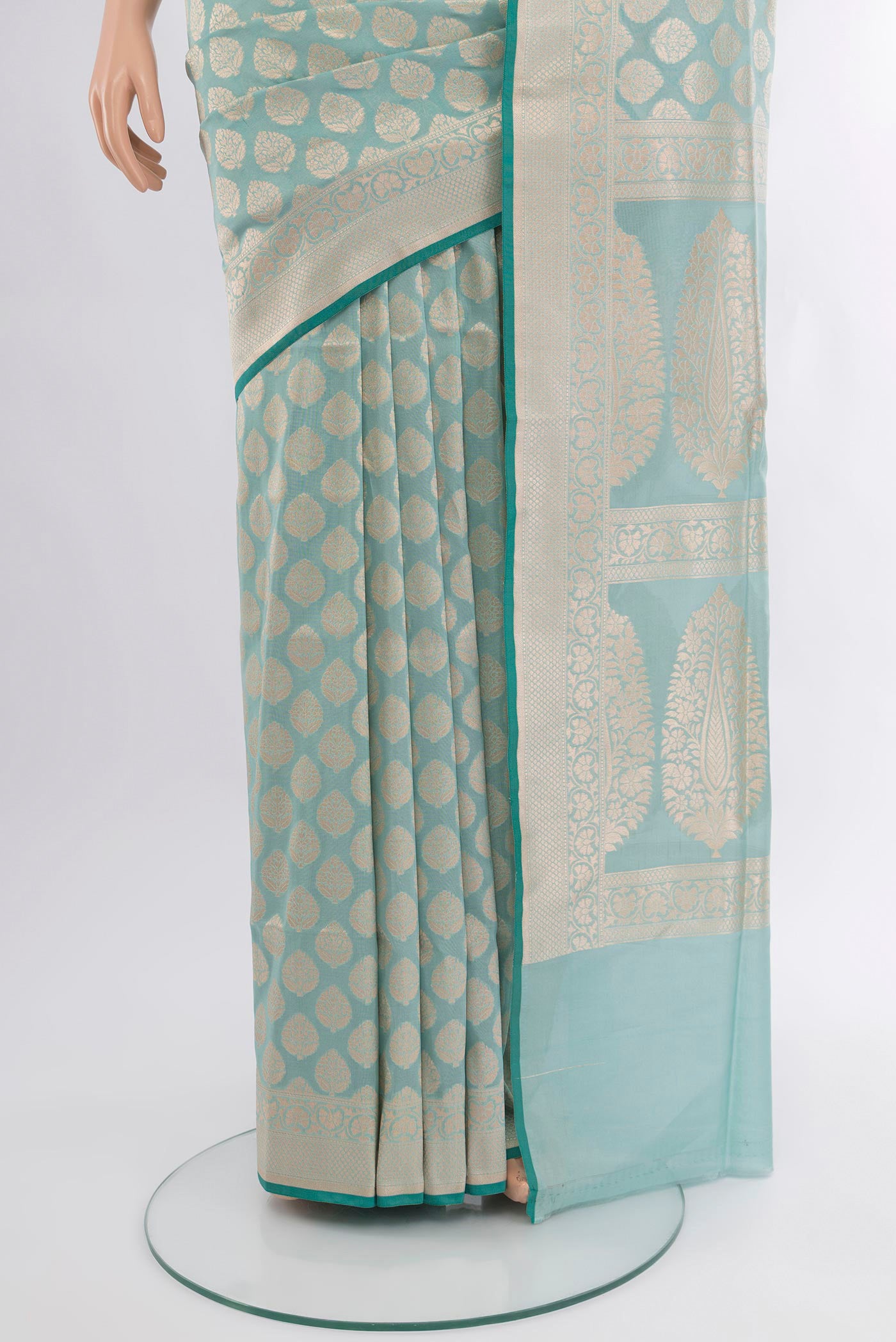 Pleats and pallu of Light Blue Banarasi Silk Saree with Zari Butta on the body and Zari Border. 