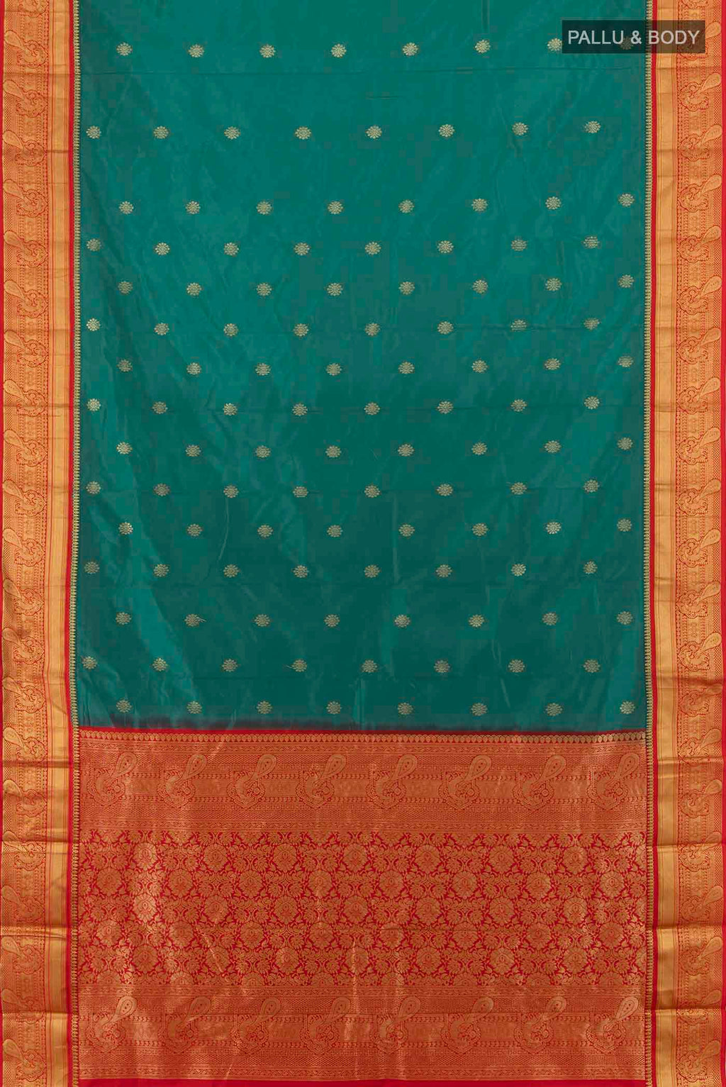 Flat view of Peacock Blue Bangalore Silk Saree with Zari Butta on the body and Silk Border. 