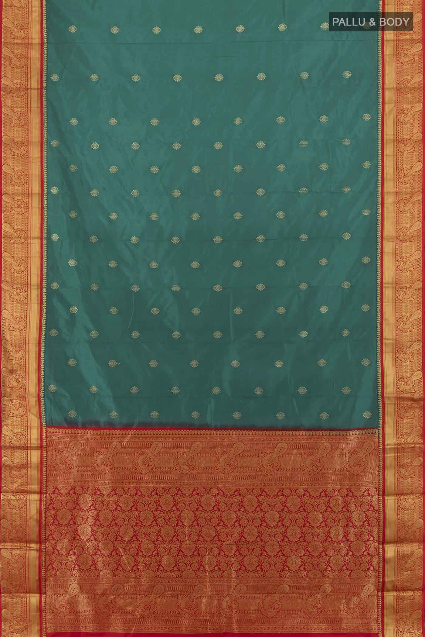 Flat view of Peacock Blue Bangalore Silk Saree with Zari Butta on the body and Silk Border. 
