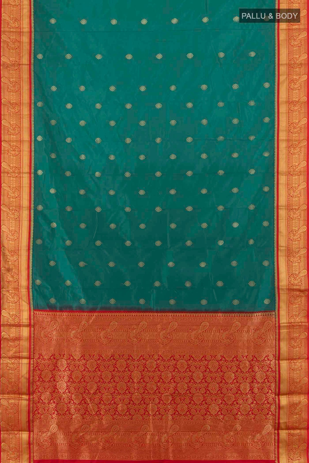 Flat view of Peacock Blue Bangalore Silk Saree with Zari Butta on the body and Silk Border. 