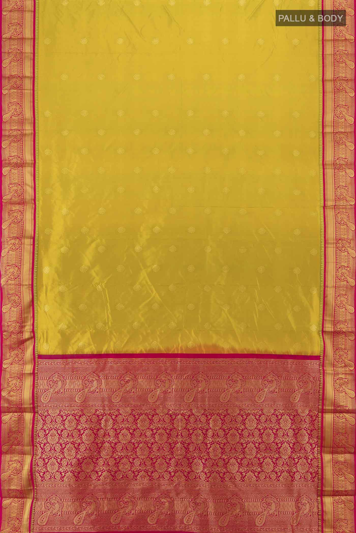 Flat view of Mehandi Green Bangalore Silk Saree with Zari Butta on the body and Silk Border. 