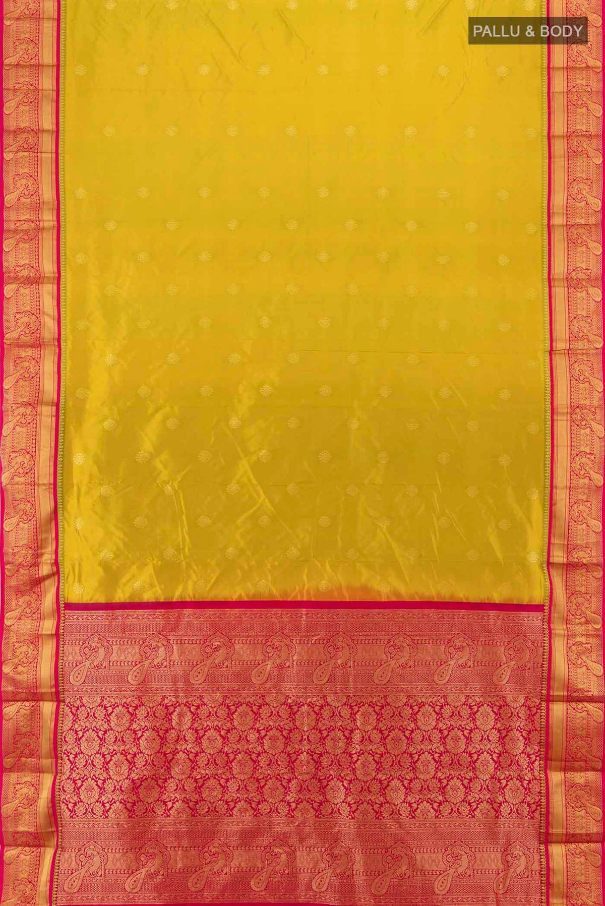 Flat view of Mehandi Green Bangalore Silk Saree with Zari Butta on the body and Silk Border. 