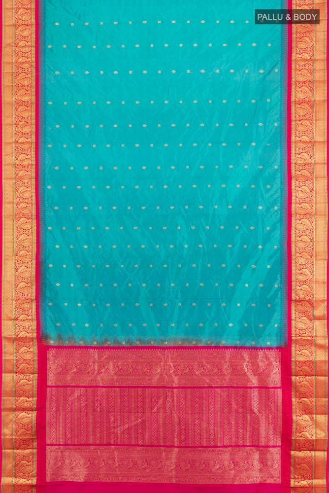 Flat view of Light Blue Bangalore Silk Saree with Zari Butta on the body and Silk Border. 