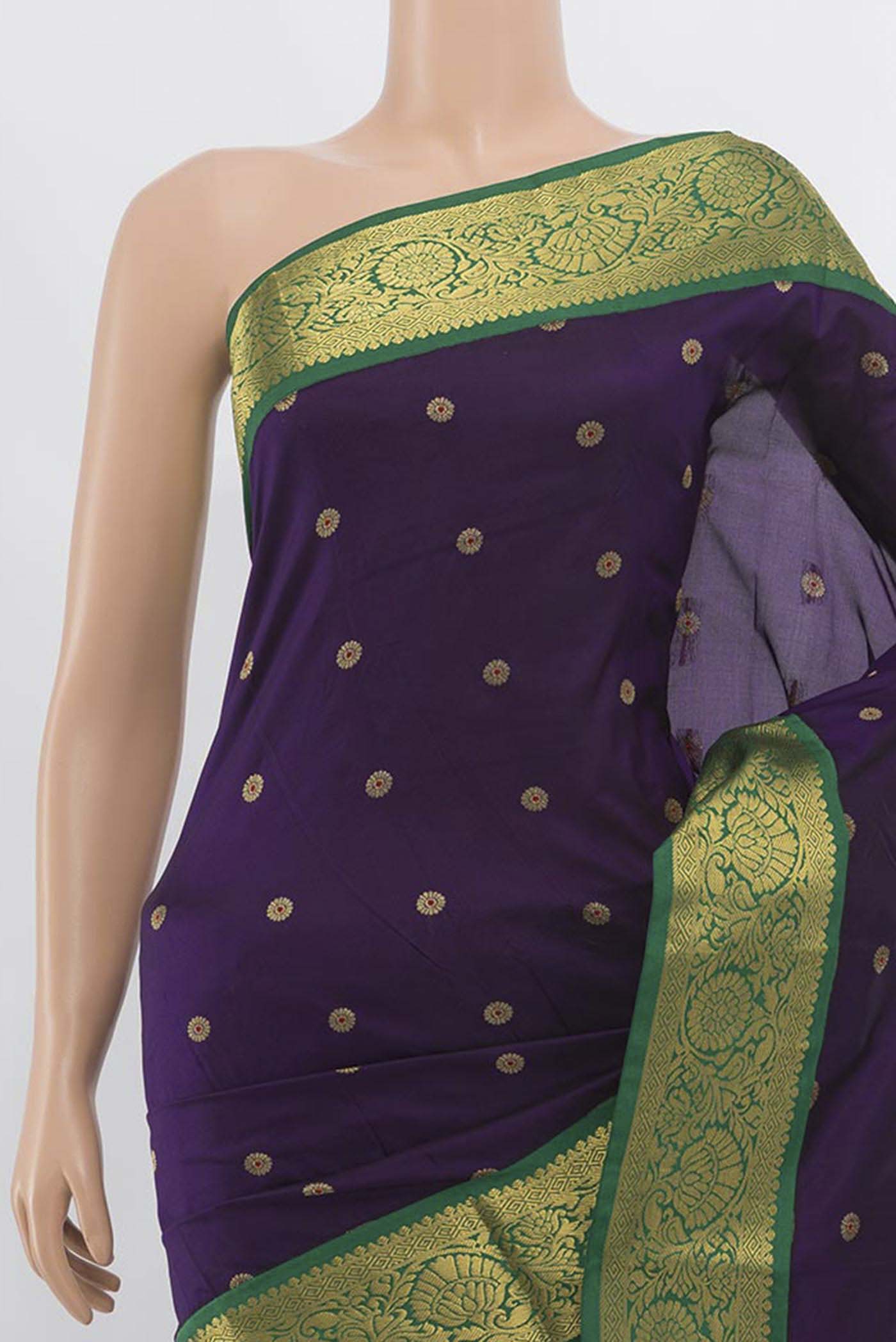 Border image of Violet Bangalore Silk Saree with Zari Butta on the body and Silk Border. 