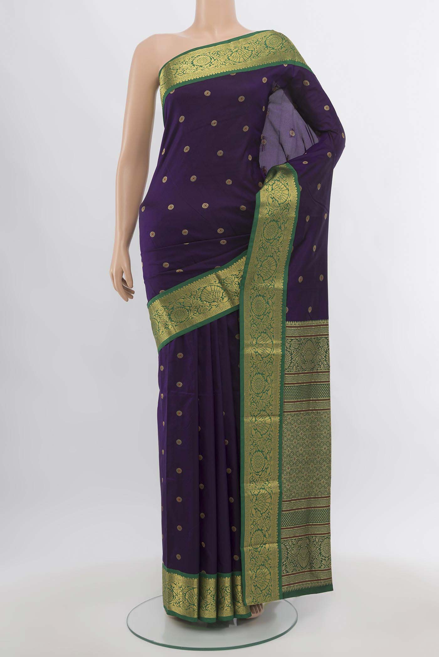 Violet Bangalore Silk Saree with Zari Butta on the body and Silk Border.  displayed on a mannequin