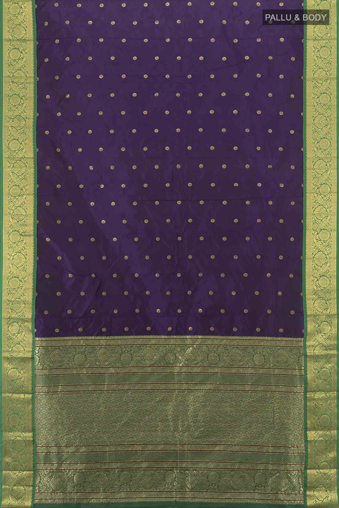 Flat view of Violet Bangalore Silk Saree with Zari Butta on the body and Silk Border. 