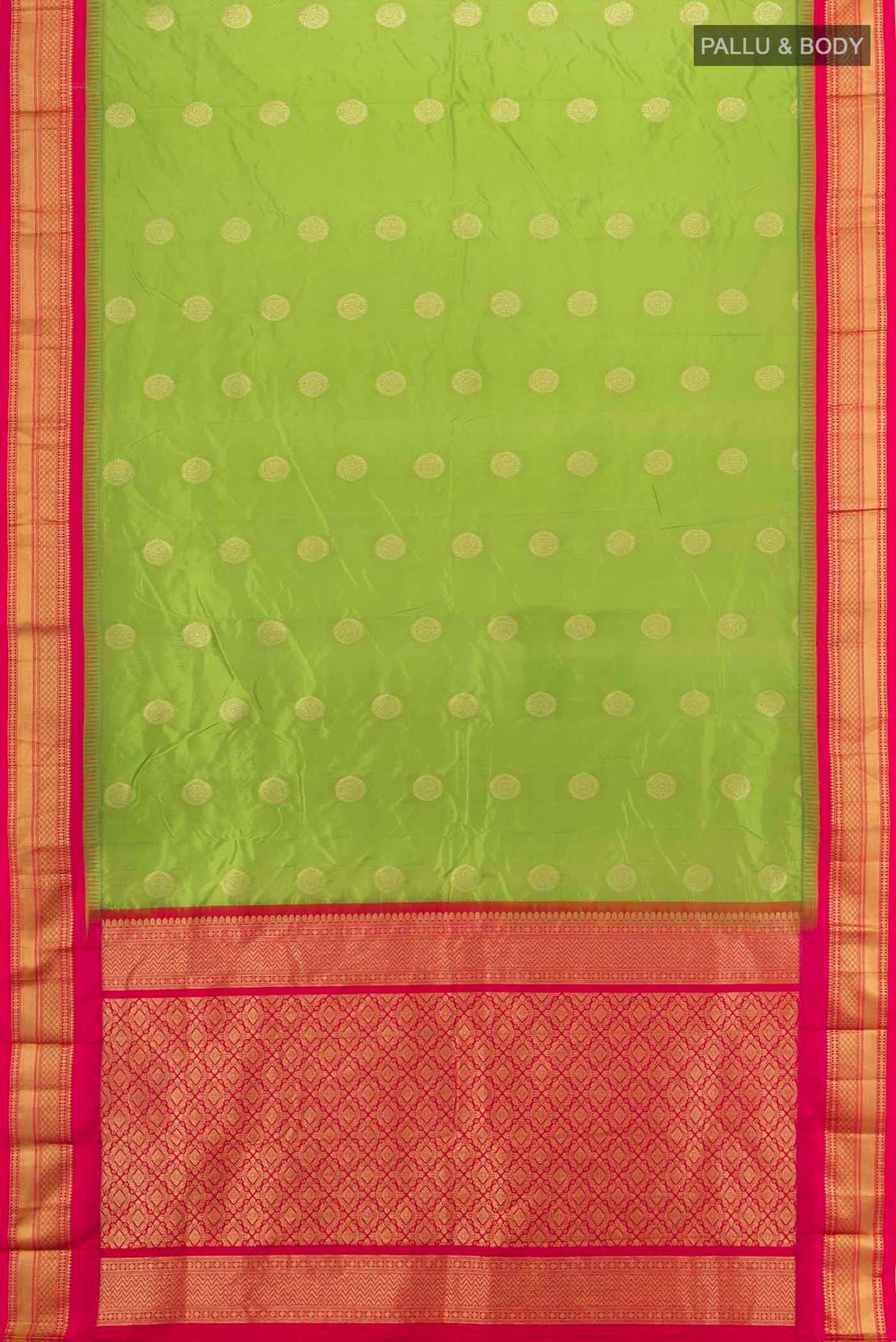 Flat view of Parrot Green Bangalore Silk Saree with Zari Butta on the body and Silk Border. 