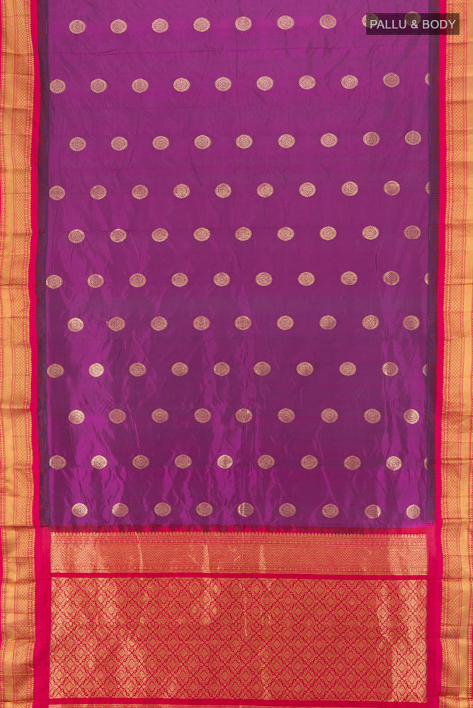 Flat view of Pure Silk Pure Zari Purple Bangalore Saree with Zari Butta on the body and Silk Border. 