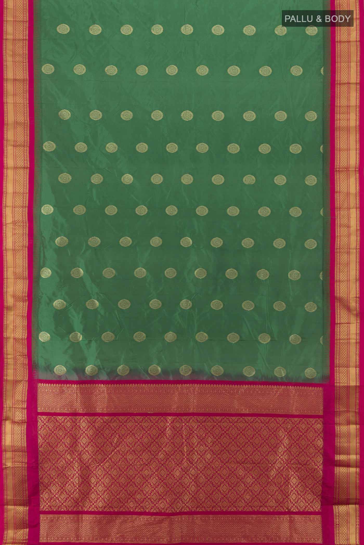 Flat view of Light Green Bangalore Silk Saree with Zari Butta on the body and Silk Border. 