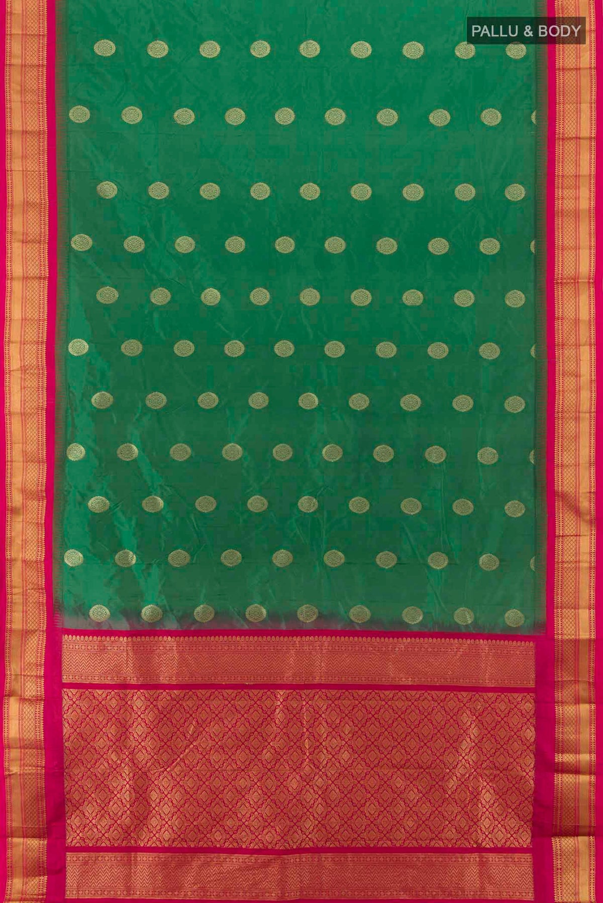 Flat view of Light Green Bangalore Silk Saree with Zari Butta on the body and Silk Border. 