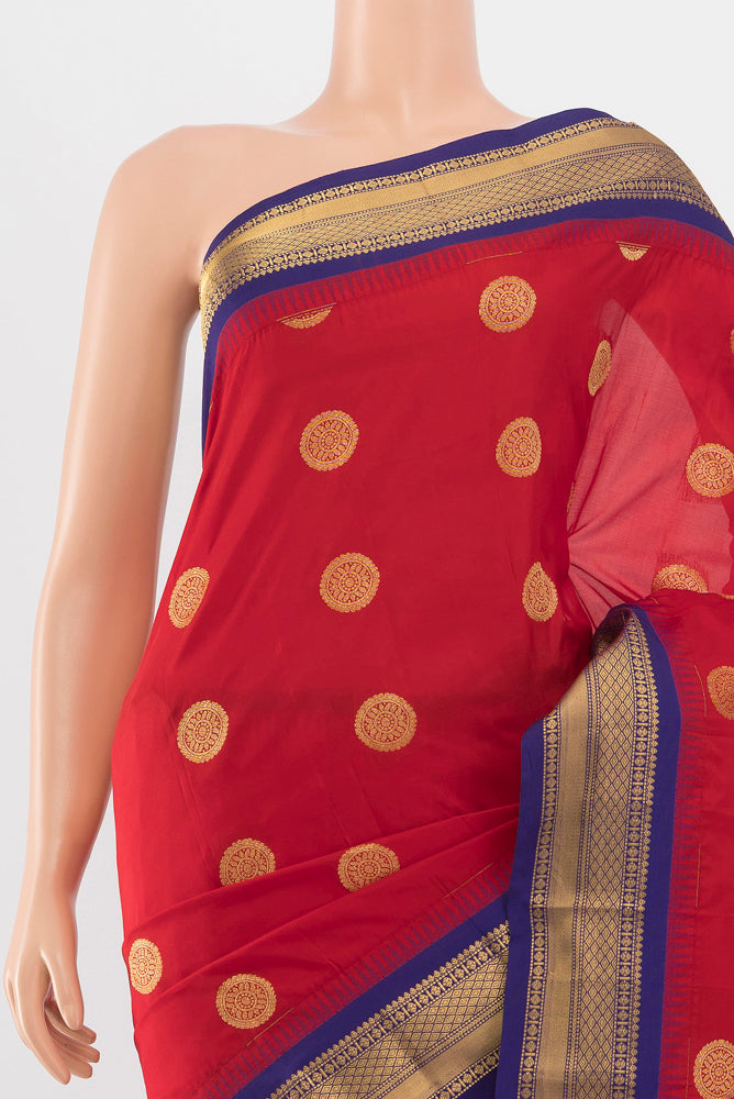 Border image of Red Bangalore Silk Saree with Zari Butta on the body and Silk Border. 