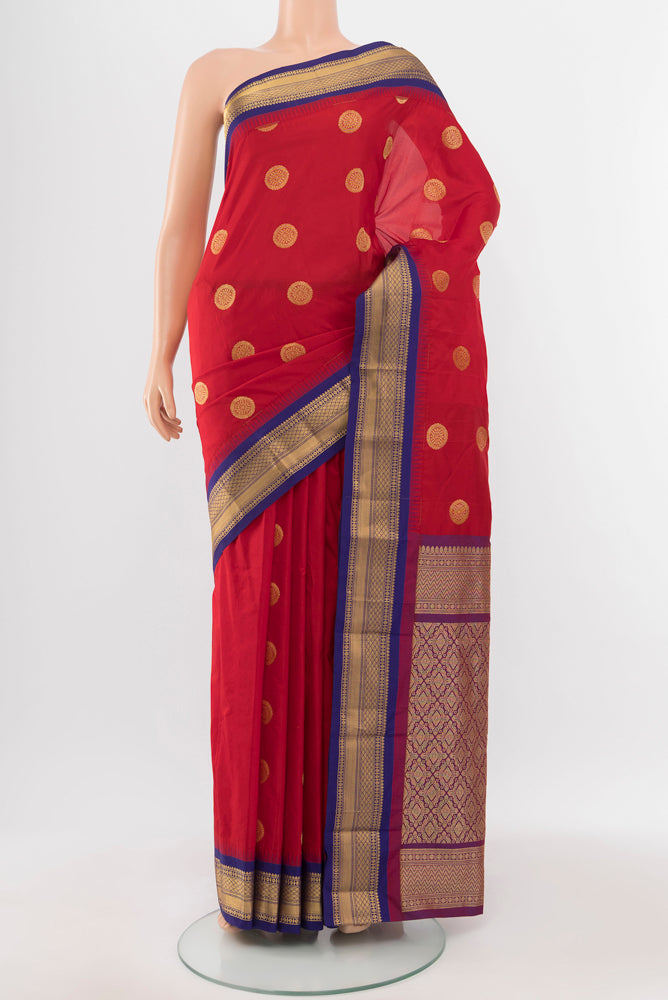 Red Bangalore Silk Saree with Zari Butta on the body and Silk Border.  displayed on a mannequin