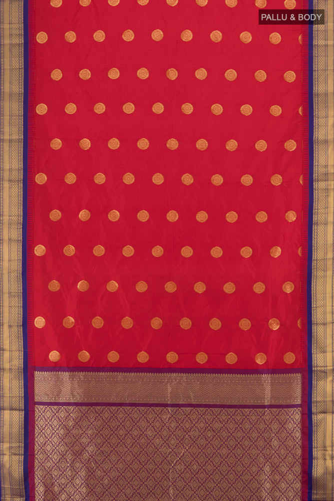 Flat view of Red Bangalore Silk Saree with Zari Butta on the body and Silk Border. 