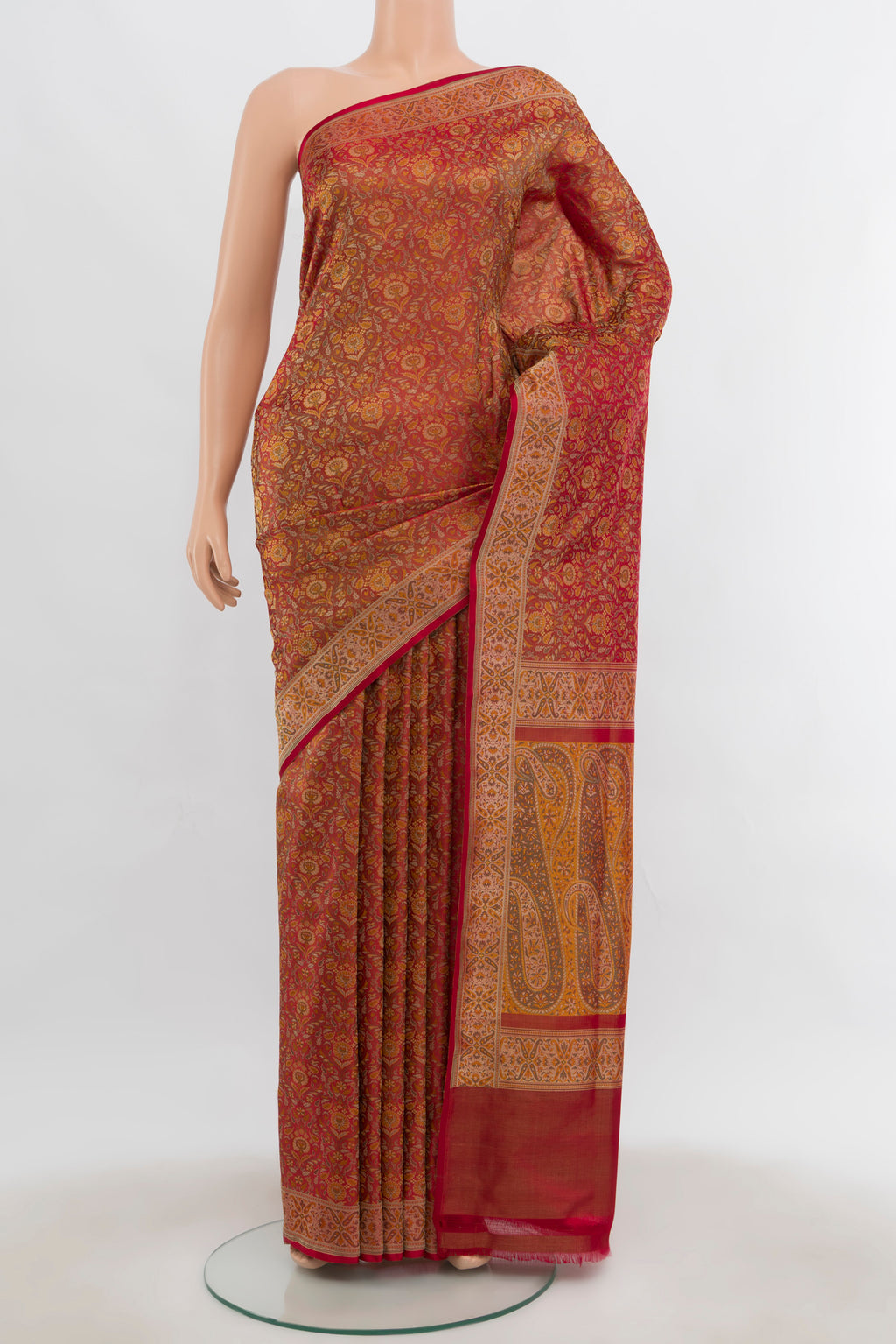 Multi Color Banarasi Silk Saree with Zari Butta on the body and Silk Border.  displayed on a mannequin
