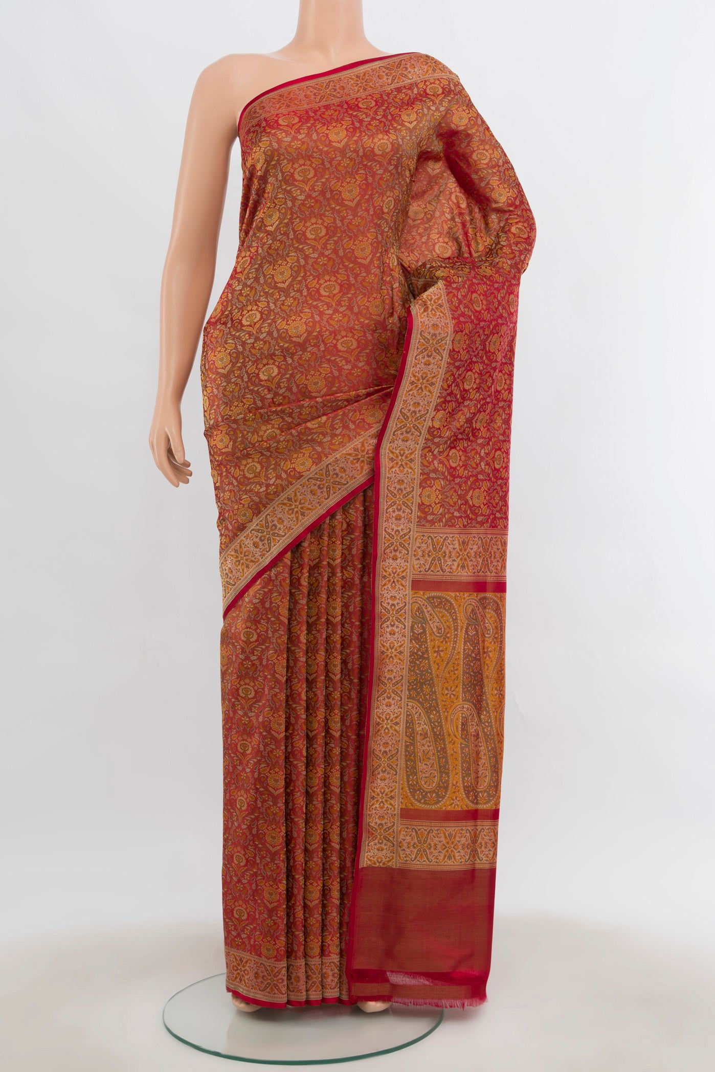 Multi Color Banarasi Silk Saree with Zari Butta on the body and Silk Border.  displayed on a mannequin