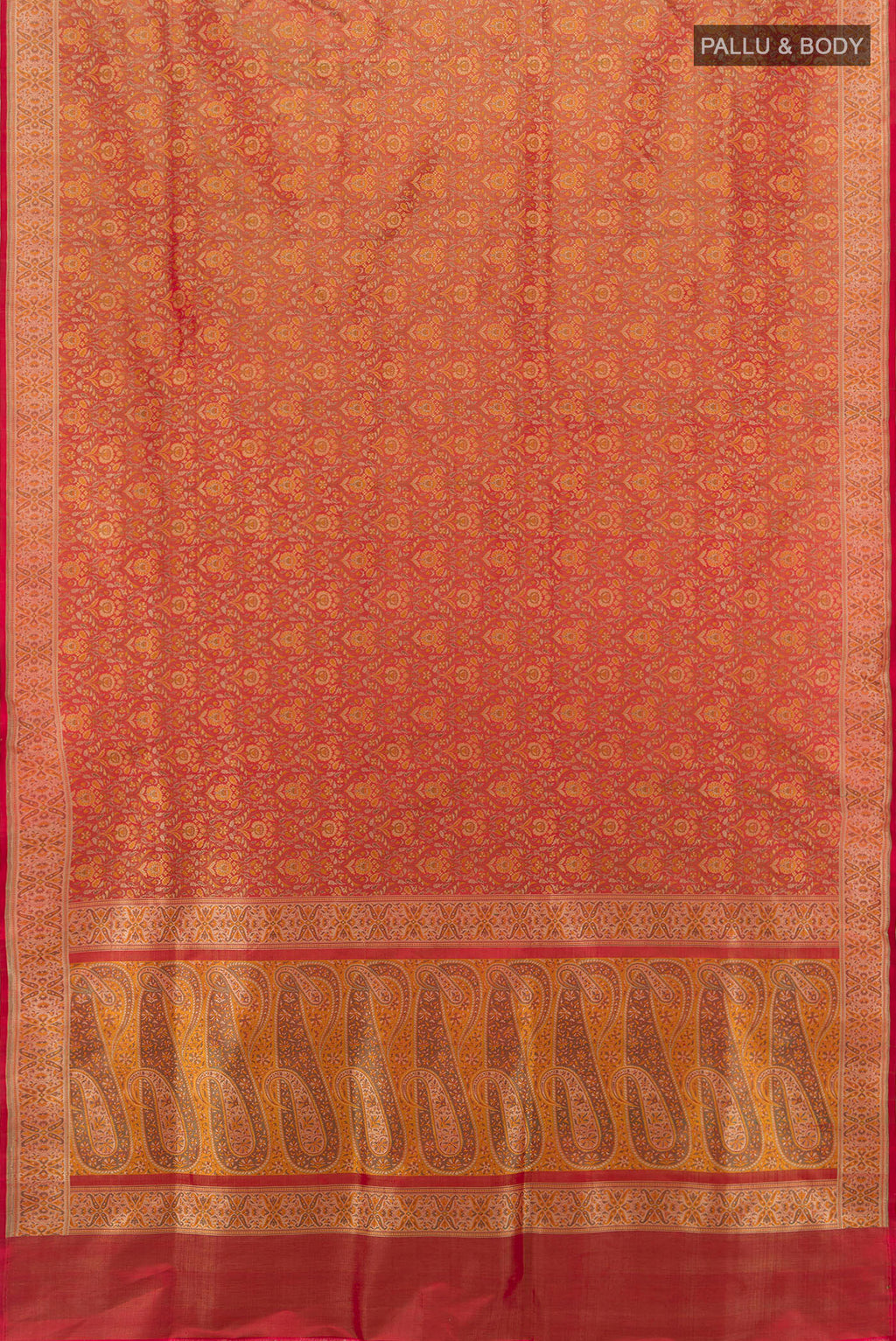 Flat view of Multi Color Banarasi Silk Saree with Zari Butta on the body and Silk Border. 