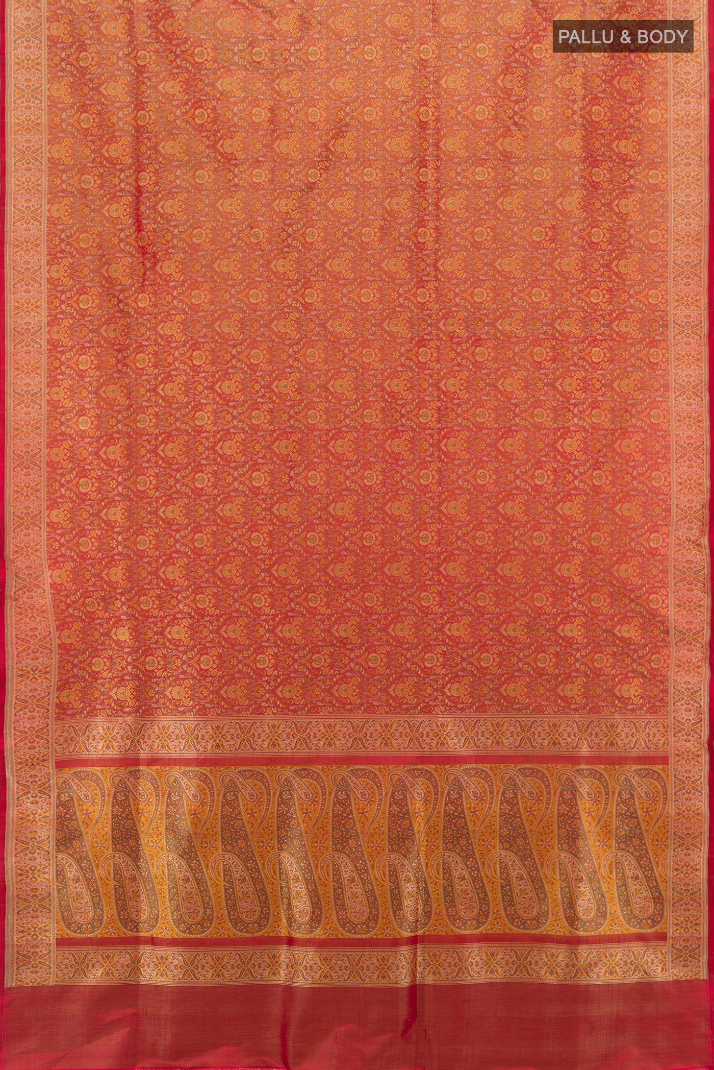Flat view of Multi Color Banarasi Silk Saree with Zari Butta on the body and Silk Border. 