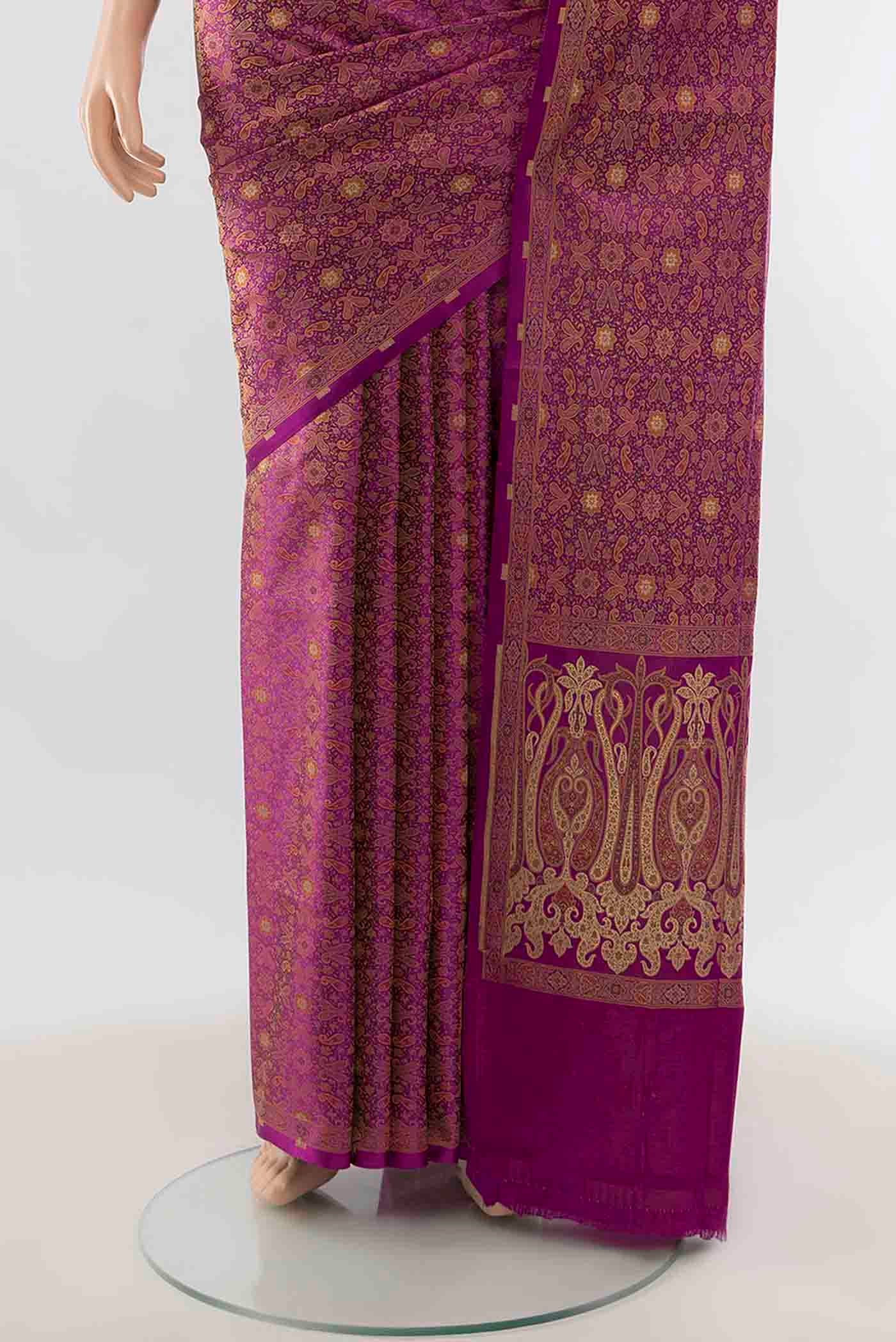Pleats and pallu of Purple Banarasi Silk Saree with Zari Butta on the body and Zari Border