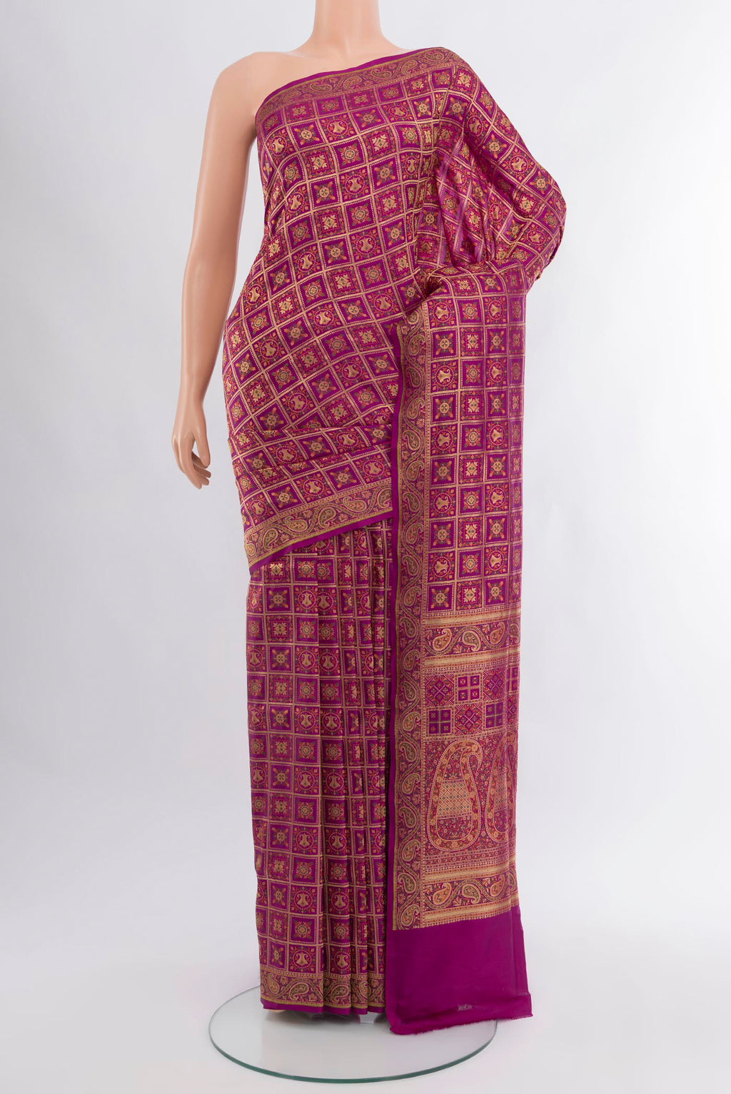 Purple Banarasi Silk Saree with Checked design on the body and Zari Border.  displayed on a mannequin