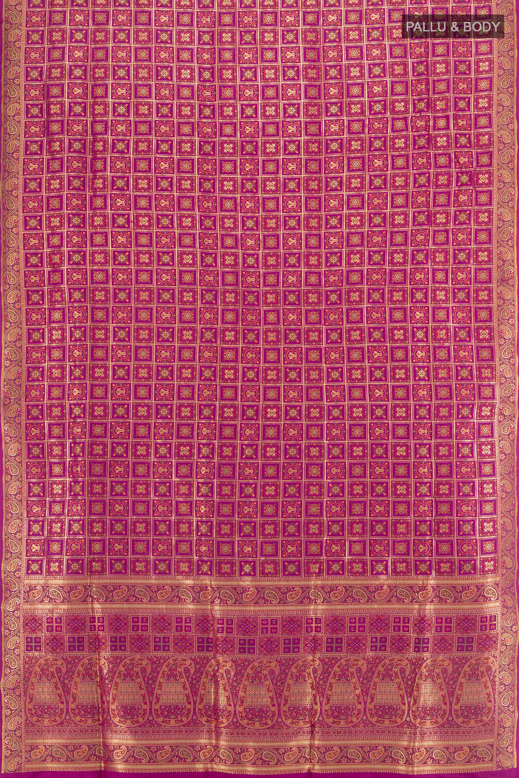 Flat view of Purple Banarasi Silk Saree with Checked design on the body and Zari Border. 