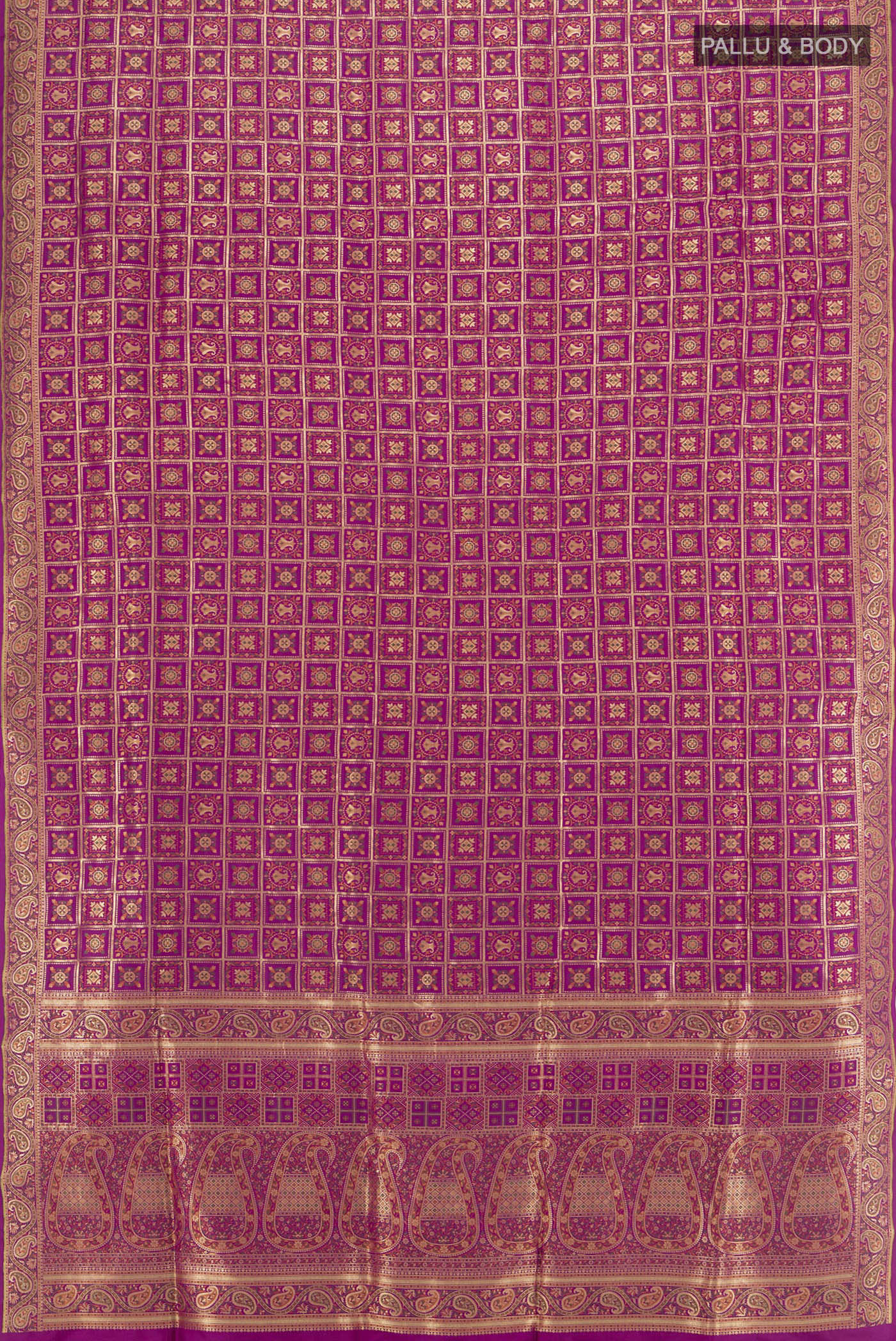 Flat view of Purple Banarasi Silk Saree with Checked design on the body and Zari Border. 