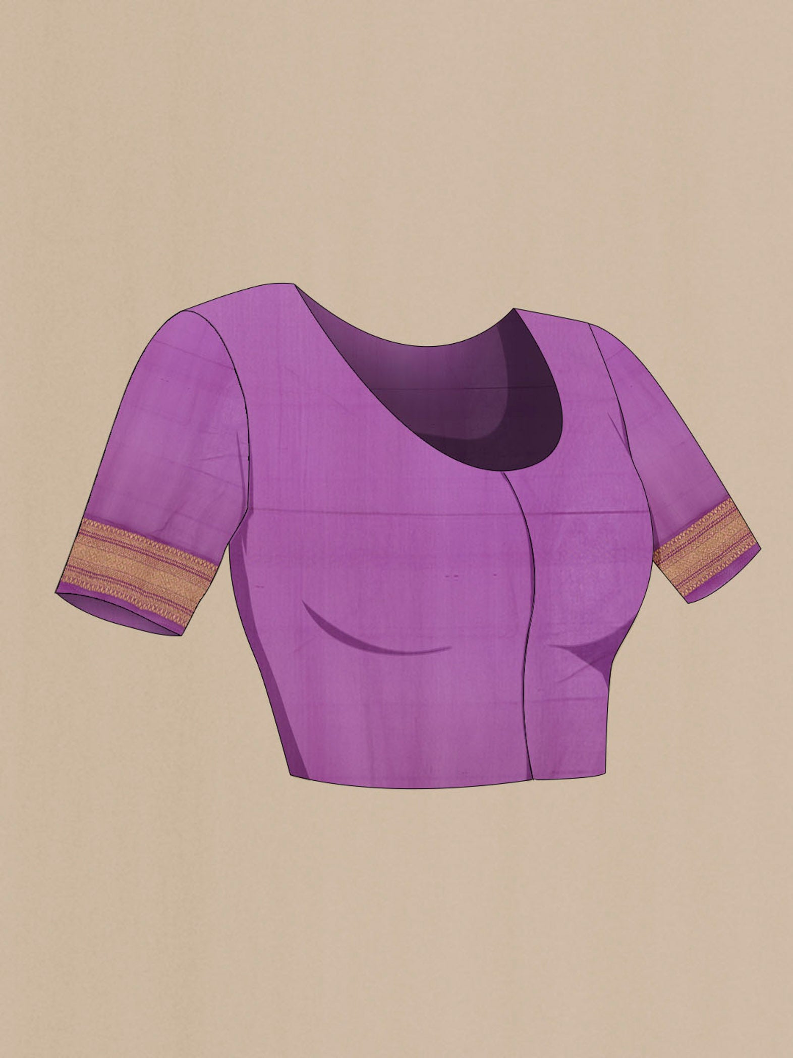 Close up image of the blouse of Purple Banarasi Georgette Saree with Zari Butta on the body and Zari Border. 
